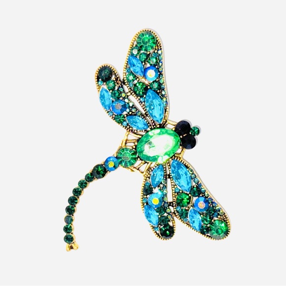 Stunning Huge Gold Tone Dragonfly Brooch with Green and Blue Rhinestones - Picture 2 of 5